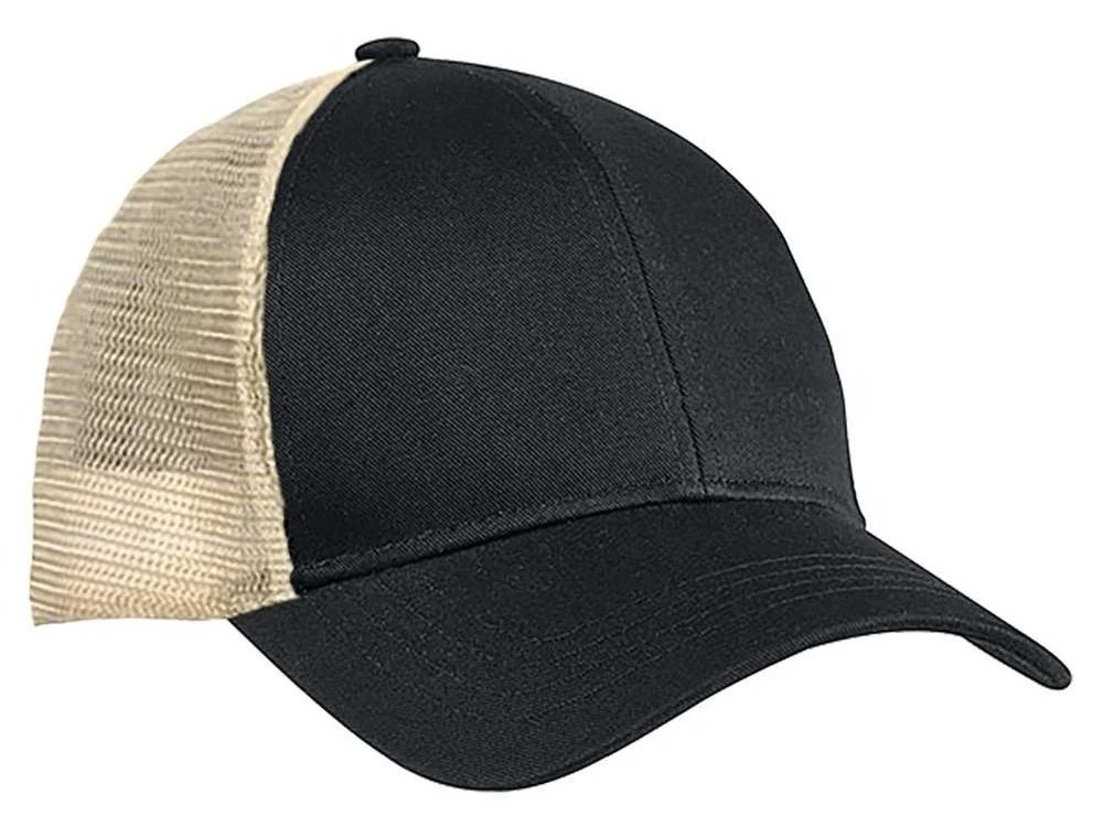 Black and beige trucker baseball cap, with beige mesh back and black front panels