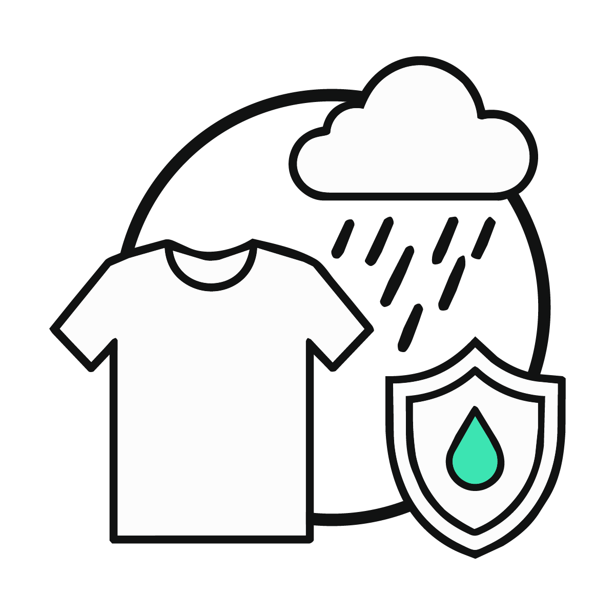 A white t-shirt, a cloud with rain, and a shield with a water droplet symbolize protection against rain or water.