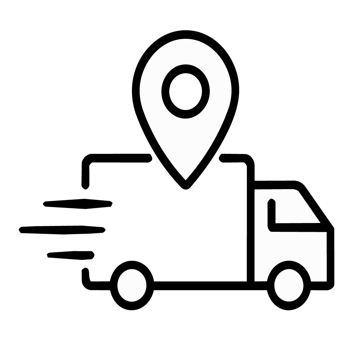 A black and white graphic icon of a delivery truck with a location pin above it.