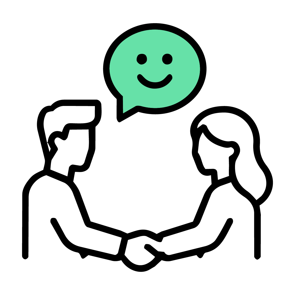 Line drawing of a man and woman shaking hands with a green speech bubble smiling face above them.
