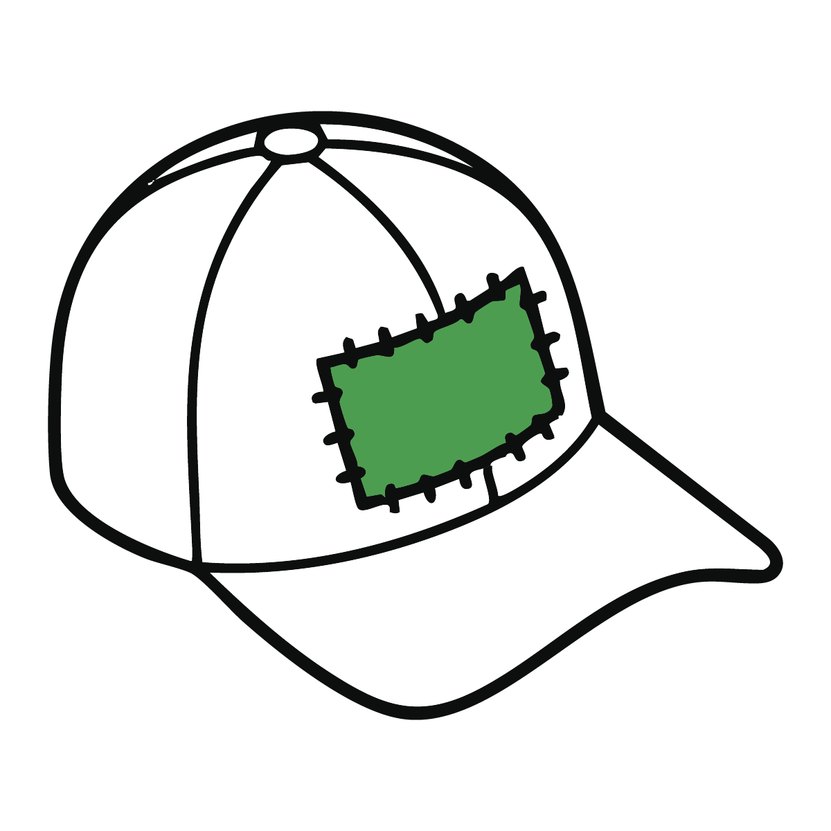 A white baseball cap with a green rectangular patch on the front panel, outlined with black stitching, against a black background.