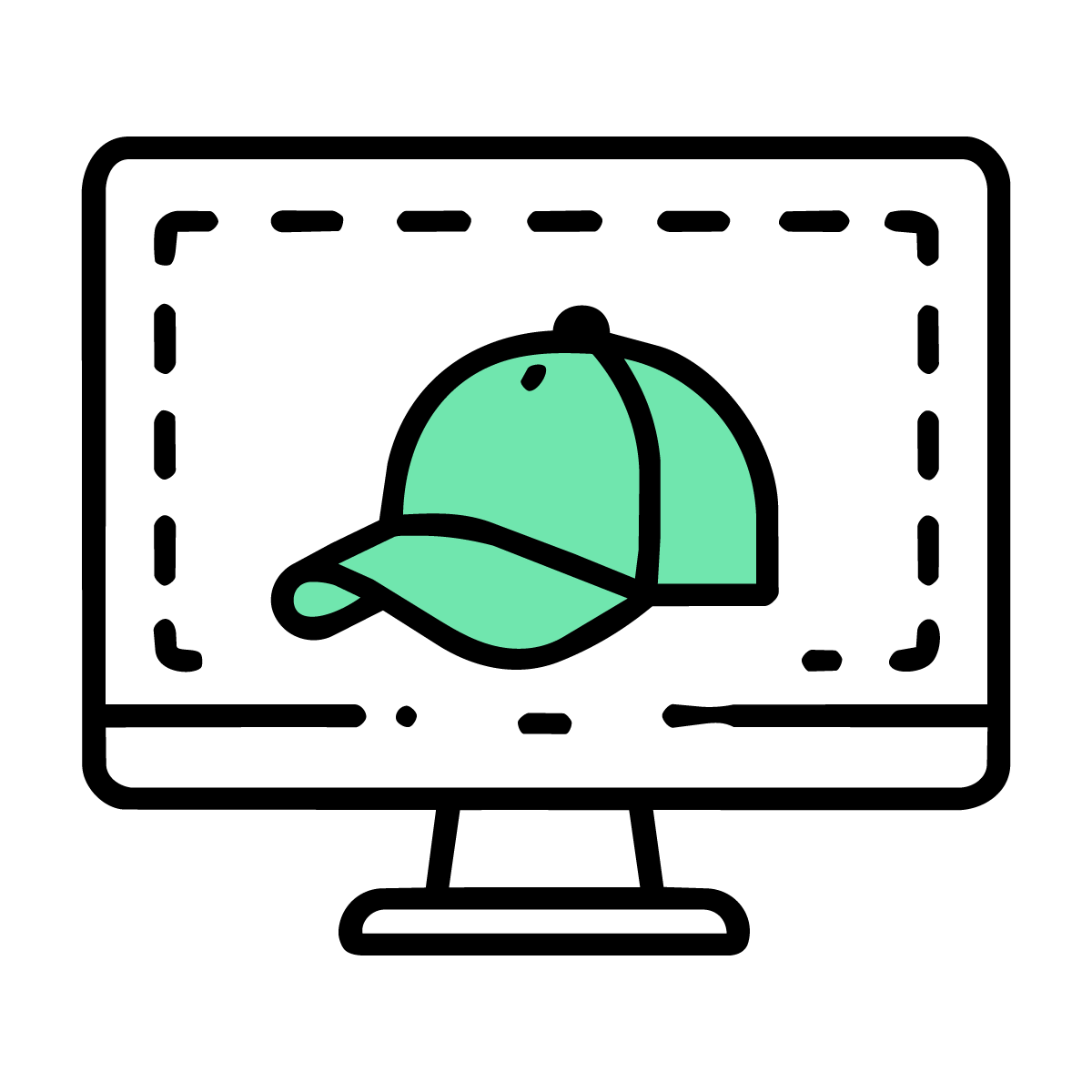 A stylized graphic of a baseball cap with a brim and a small dot on the top, in mint green color, set against a black background.