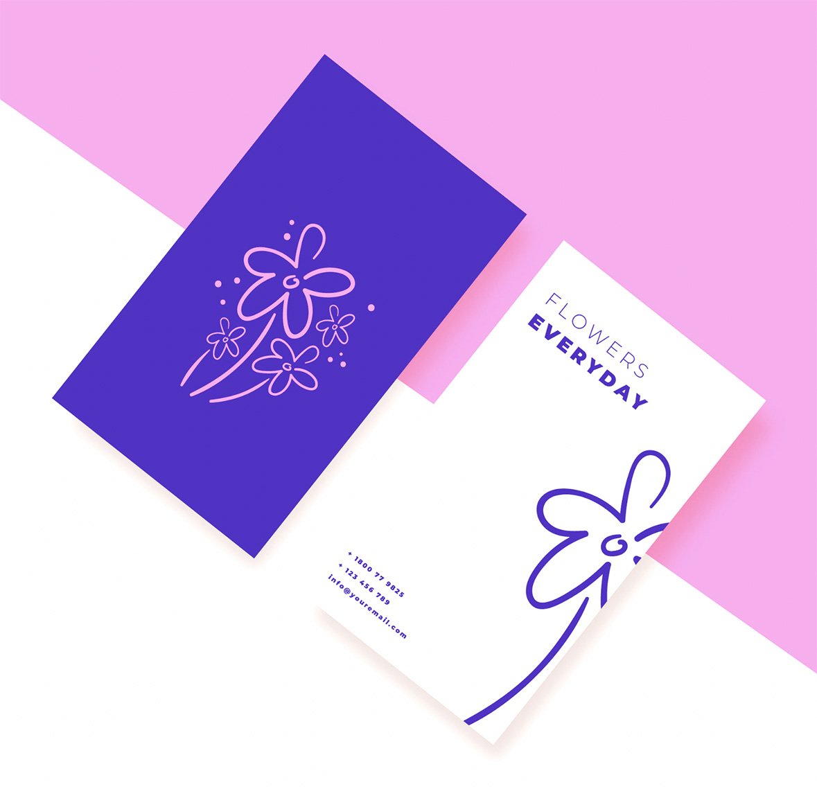 Business cards on a pink and white background, one purple with floral line art and the other white with the words 'Flowers Every Day' and a floral line drawing.