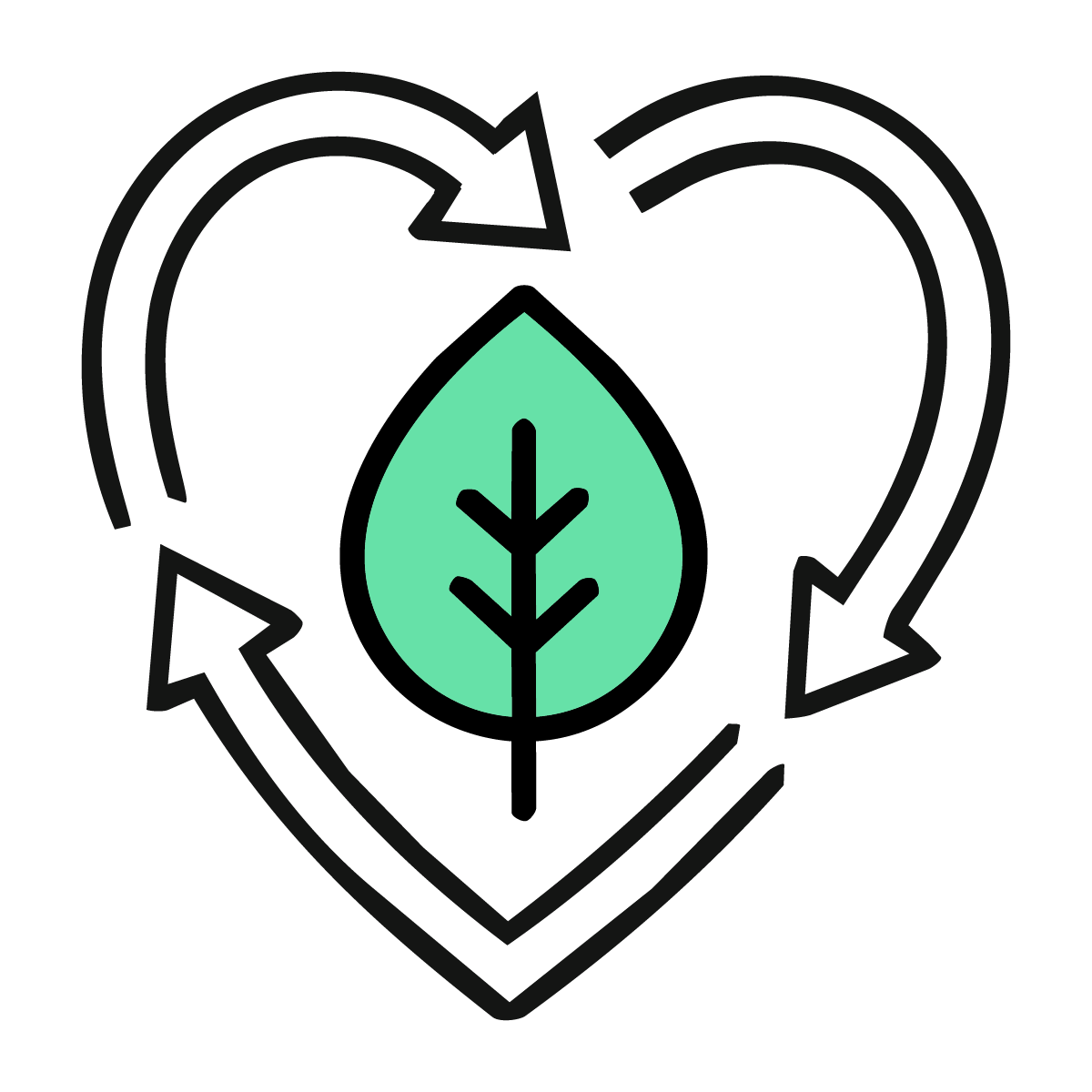A green leaf icon centered within a black heart outline, encircled by two black arrows pointing clockwise, symbolizing environmental sustainability and recycling.