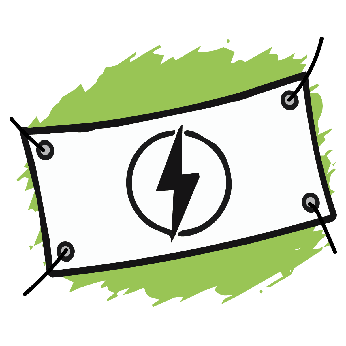 A protest sign with a lightning bolt symbol on it, pinned to a tree.