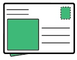 A stack of postcards with green and white designs, one postcard showing a large green square and another featuring a green postage stamp.