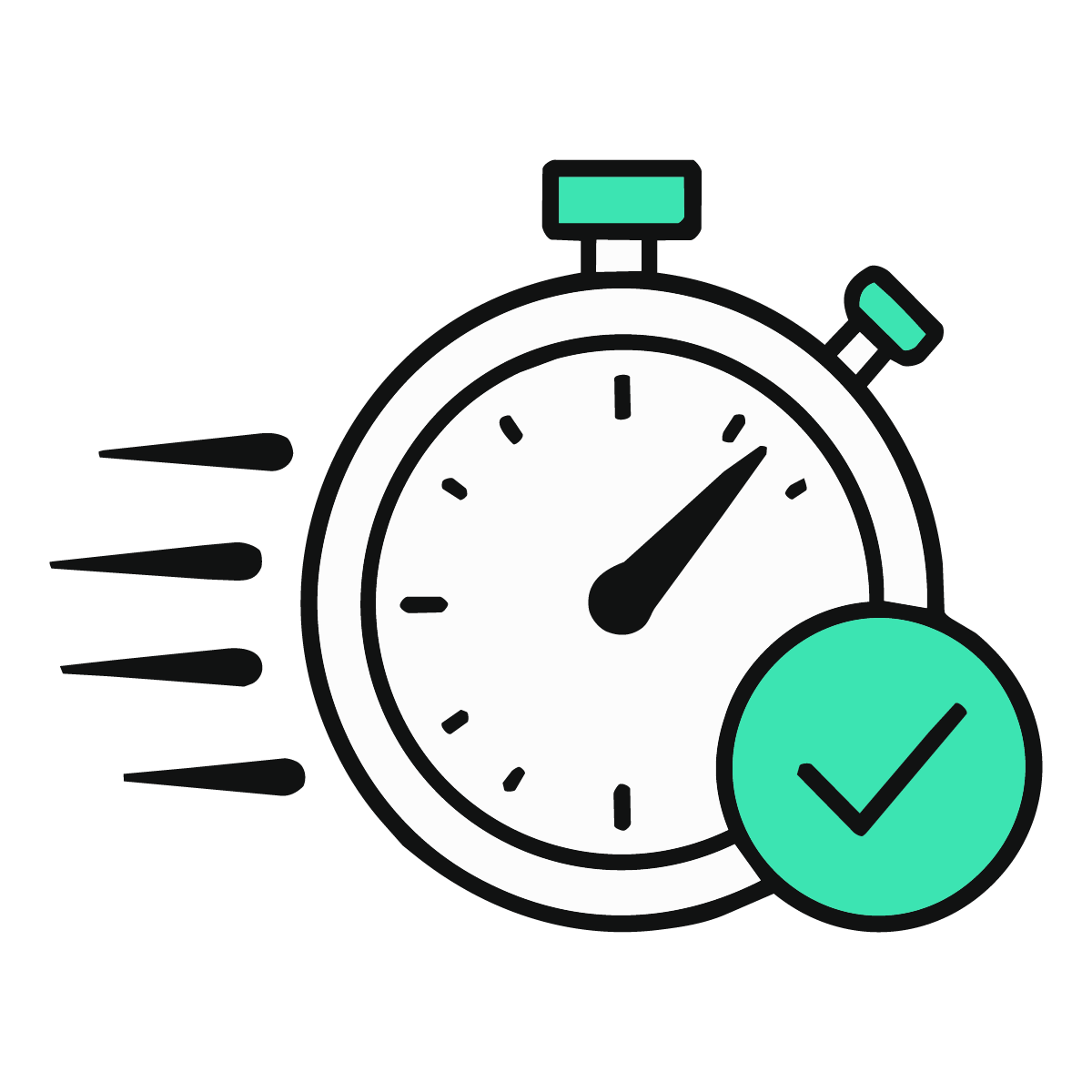 A graphic of a stopwatch in motion with a checkmark overlay indicating promptness or completion.