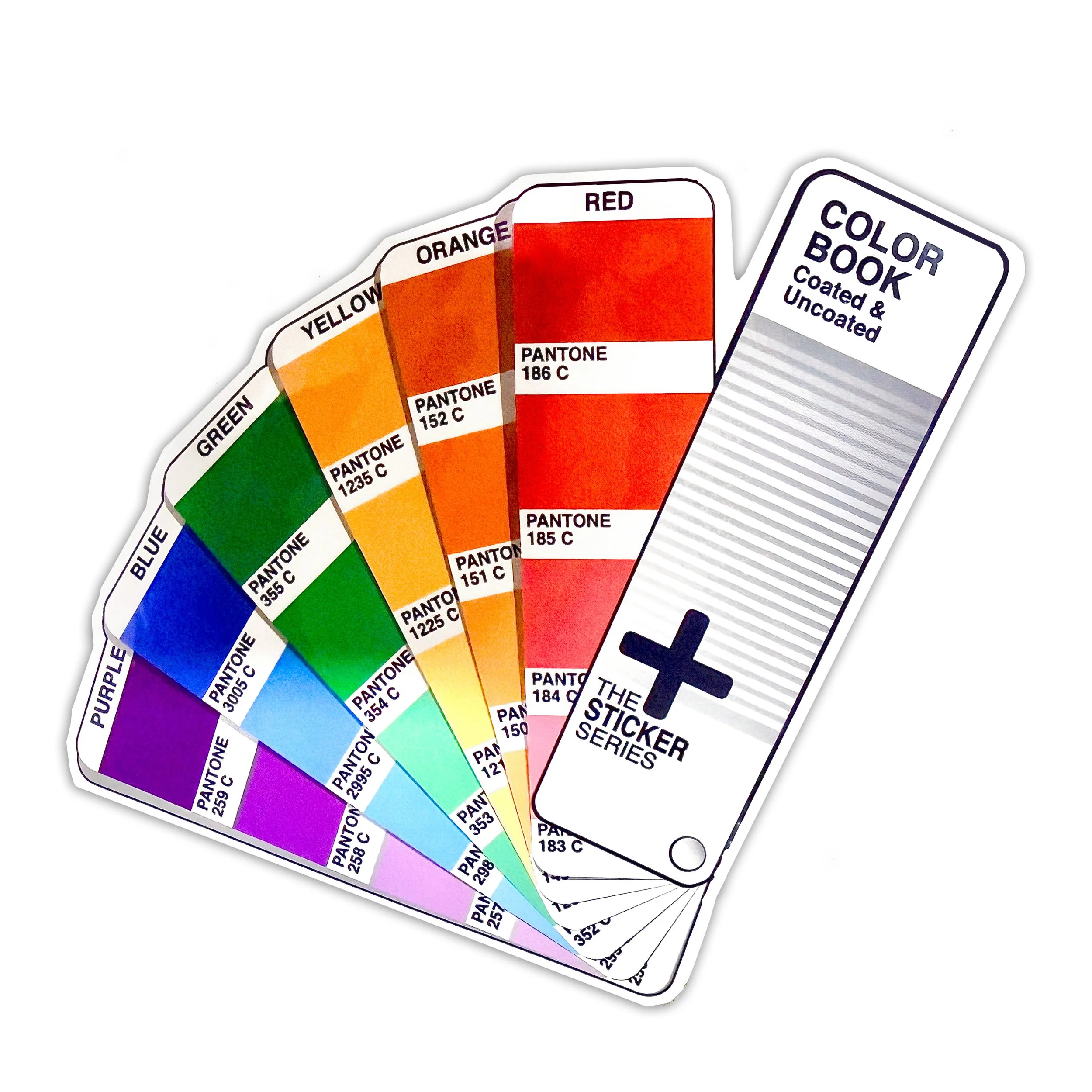 A collection of color swatches featuring various shades, including purple, blue, green, yellow, orange, and red. Each swatch displays the color name, Pantone number, and some also have a description like 'coated and uncoated' or series information.