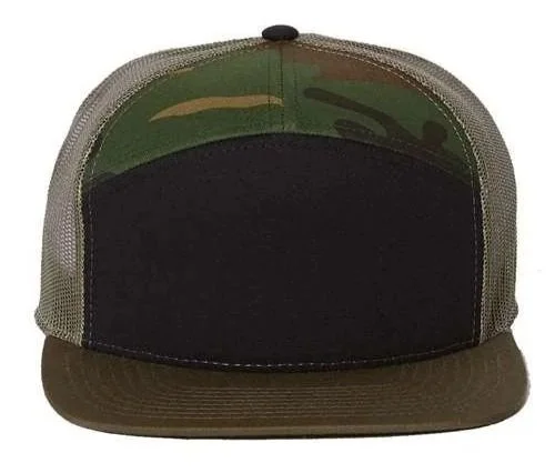 A camouflage and mesh trucker-style baseball cap with a black front panel and brown bill.