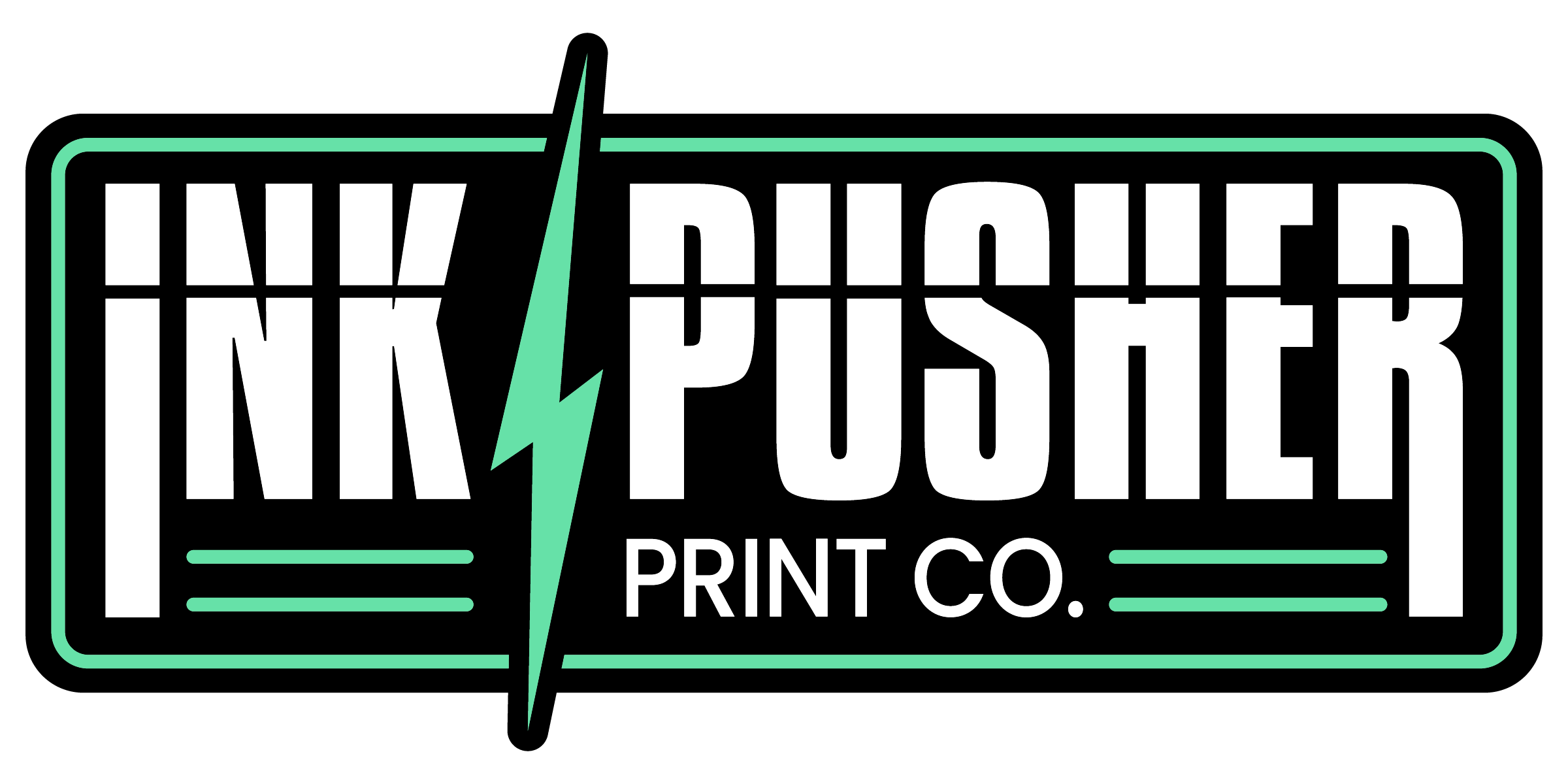 Ink Pusher Logo featuring white and green colors, green lightning bolt separating "Ink" "Pusher" and sub title "Print Co" position underneath.