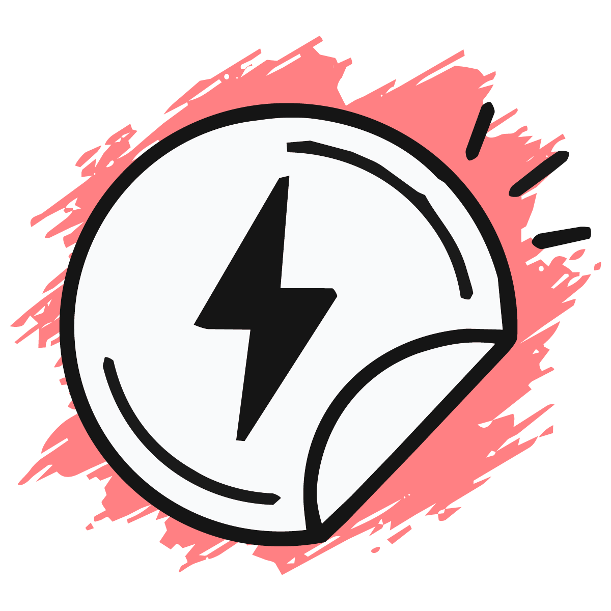 A stylized illustration of a battery with a lightning bolt symbol in the center, surrounded by pink splash background.