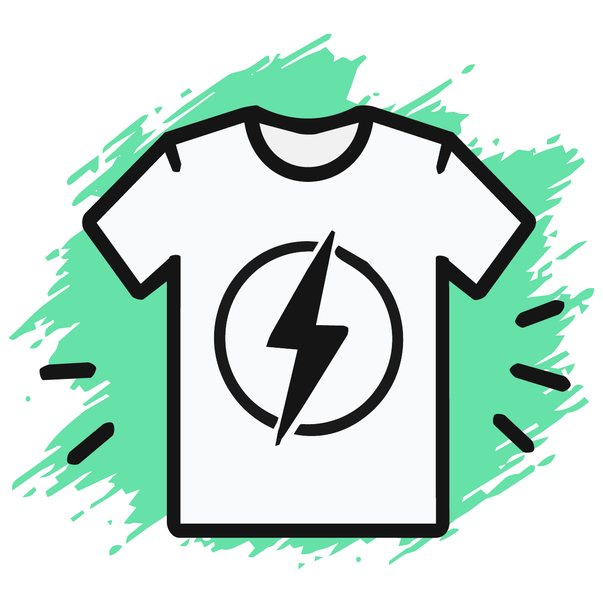 Graphic of a white T-shirt with a black lightning bolt symbol inside a circle on the front, and a green splash background.