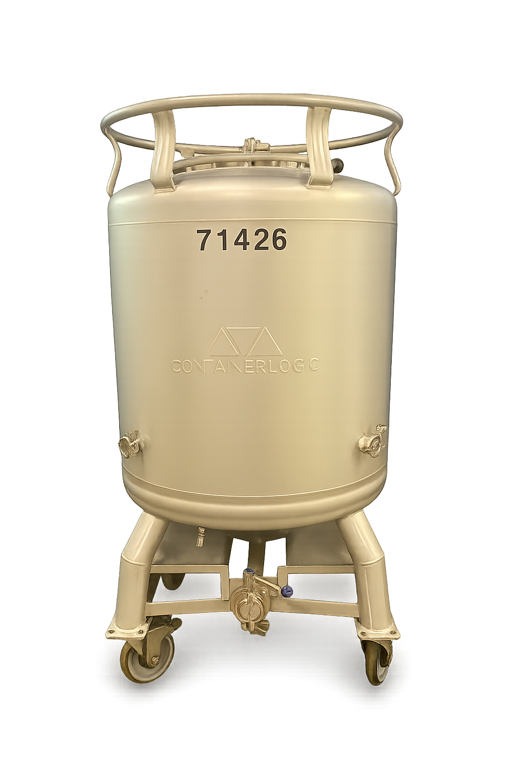 Stainless steel container with a handle on top, labeled '71426' and 'CONTAINERLOGIC,' mounted on wheels.