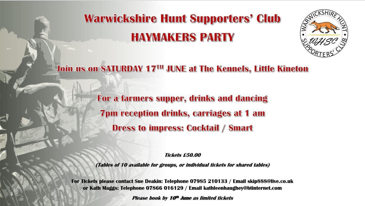 THE HAYMAKERS PARTY - TICKETS NOW ON SALE
Tickets &pound;50 Per Head, Tables of 10, or individual tickets available
To reserve tickets:
Use links to complete application form:
https://forms.gle/RQmcX1NVJ7jVMz578
2. Pay the full balance via the detail