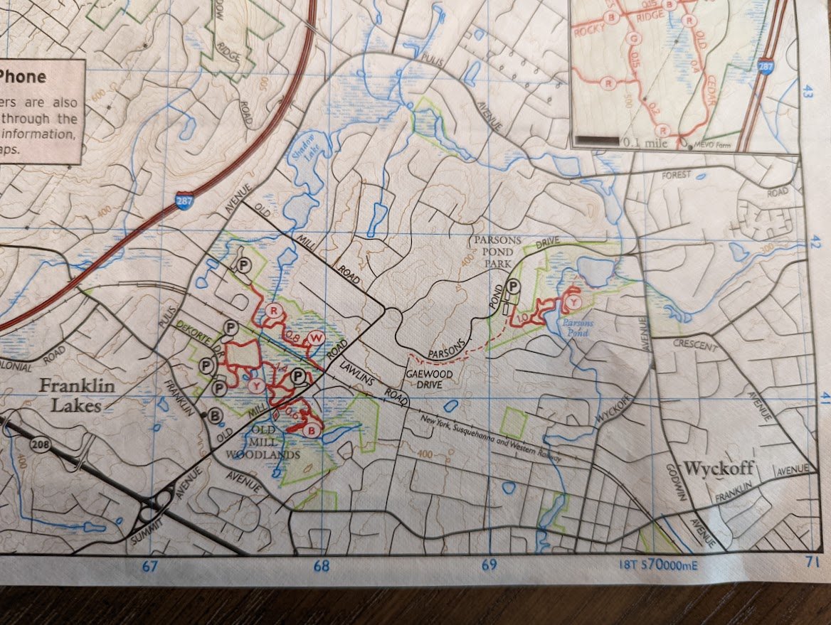Map #150: I now had to add the Old Mill trails and Parsons Pond trails in Franklin Lakes