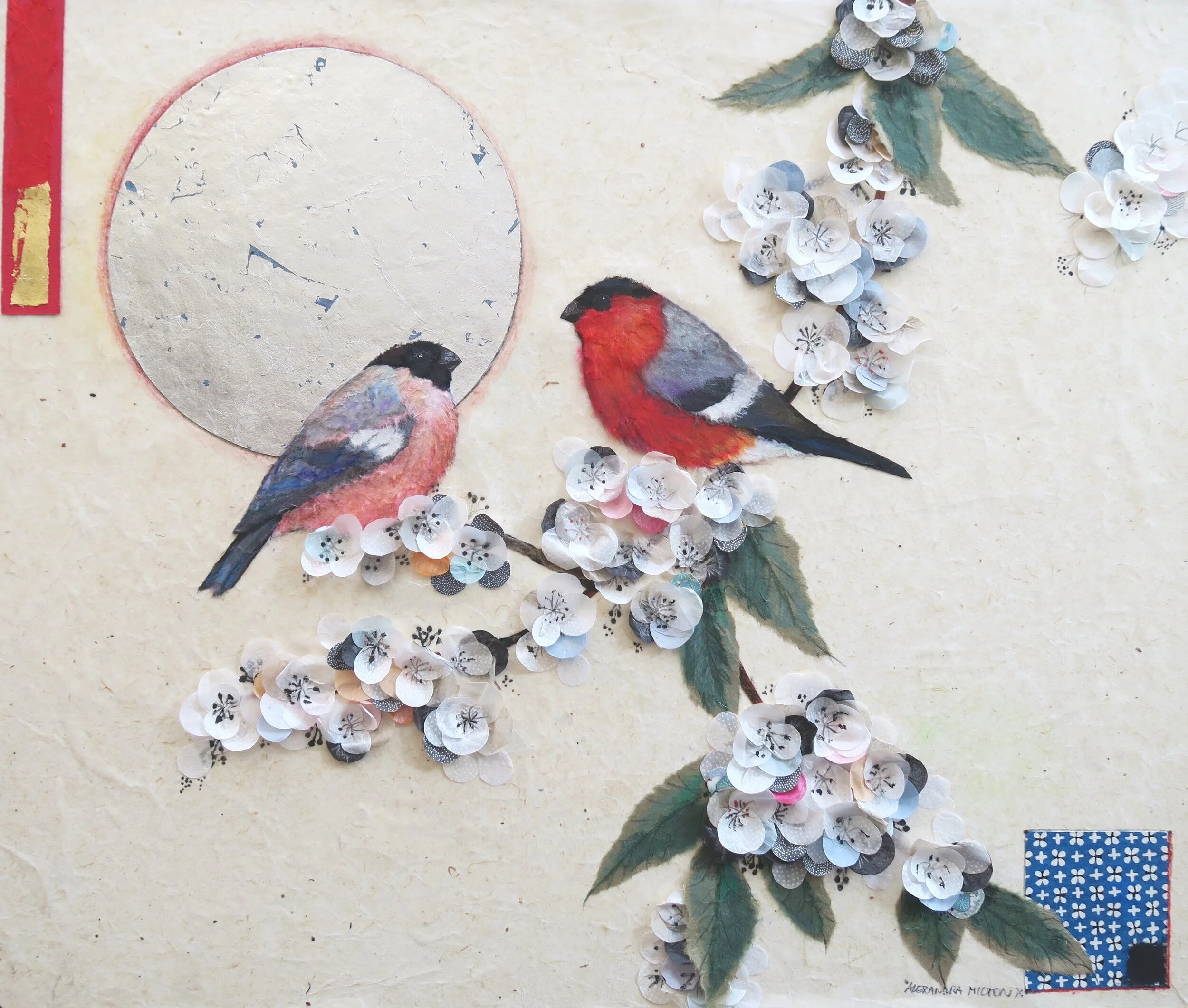 Silver Moon with Two Bullfinches and White Blossom
67x59cm
£900