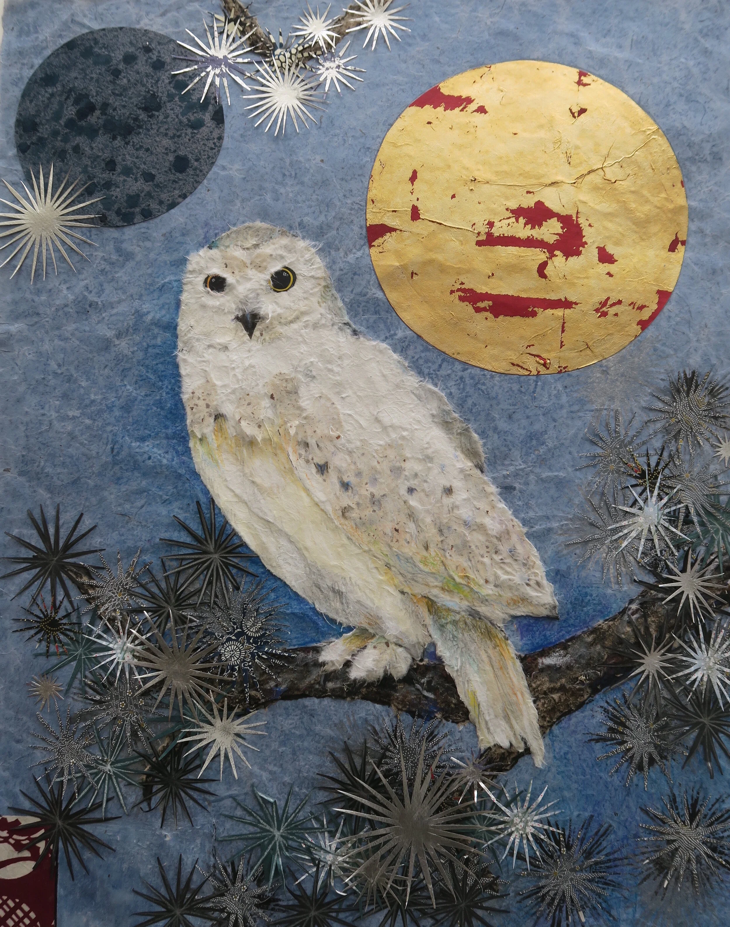 Gold Moon and Snowy Owl in Pine Tree- 59x72cm -£1000
