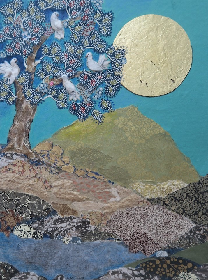 Four Doves in a Four Doves in a Tree with Silver Moon in Blue Sky .jpg