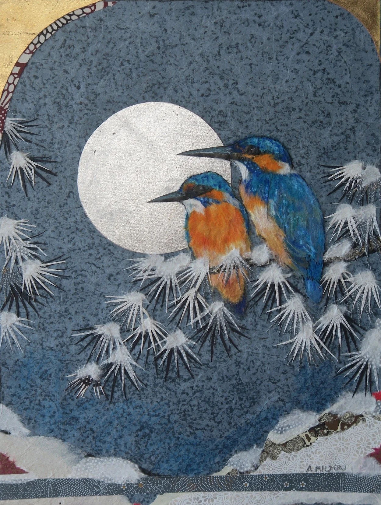 Two kingfishers on snowy Branch with silver Moon