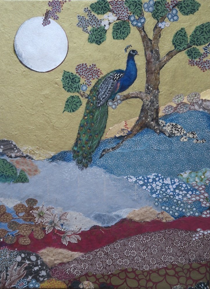 Peacock in a Tree with Silver Moon in Gold Sky .jpg