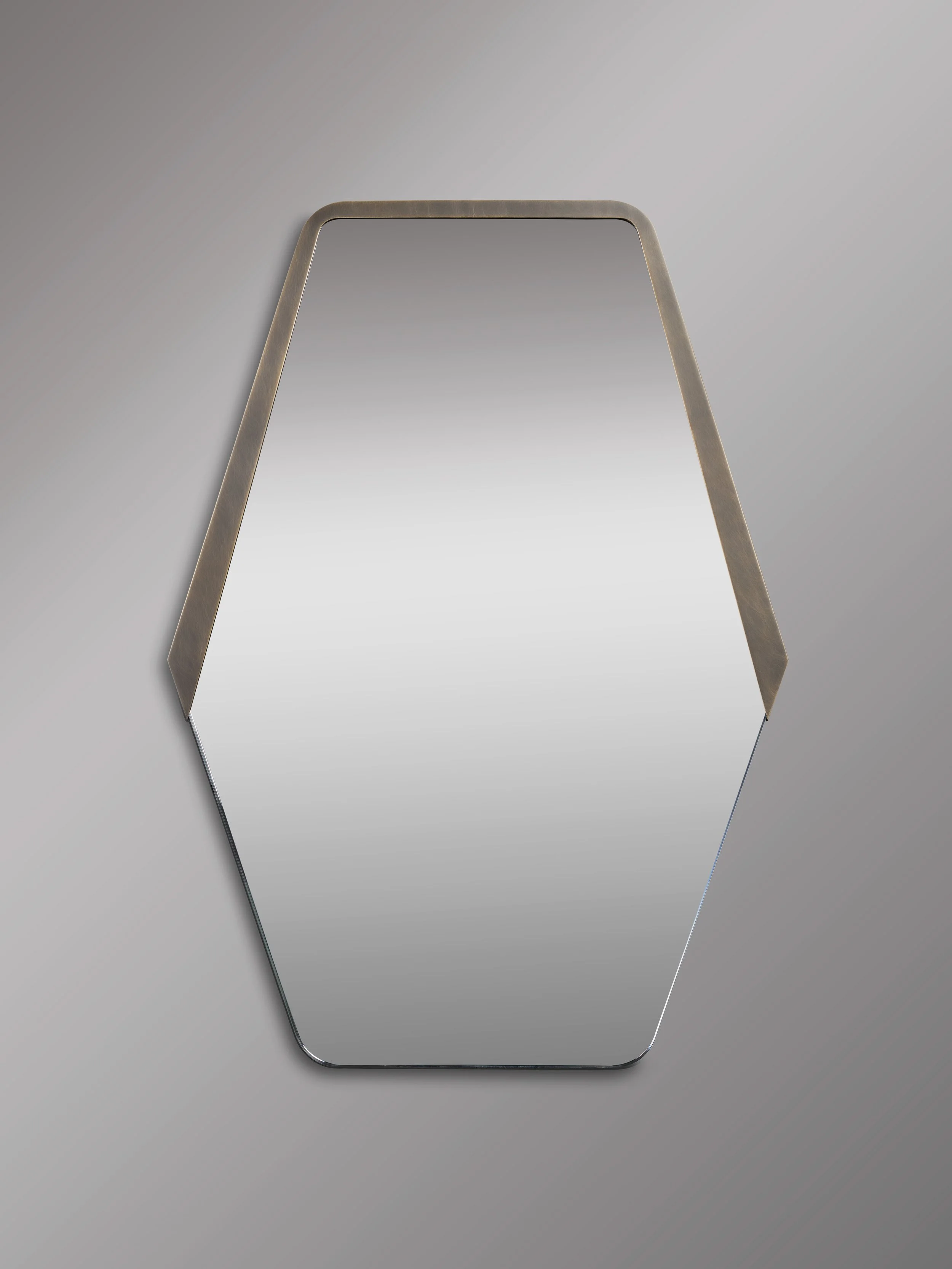 Full-length Strata Mirror showing hand-drawn geometric brass frame and starphire-glass mirror surface.