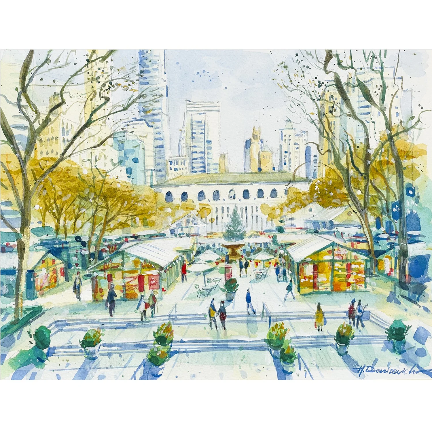 "Winter Village at Bryant Park" – Watercolor, 12x9 in (2024)