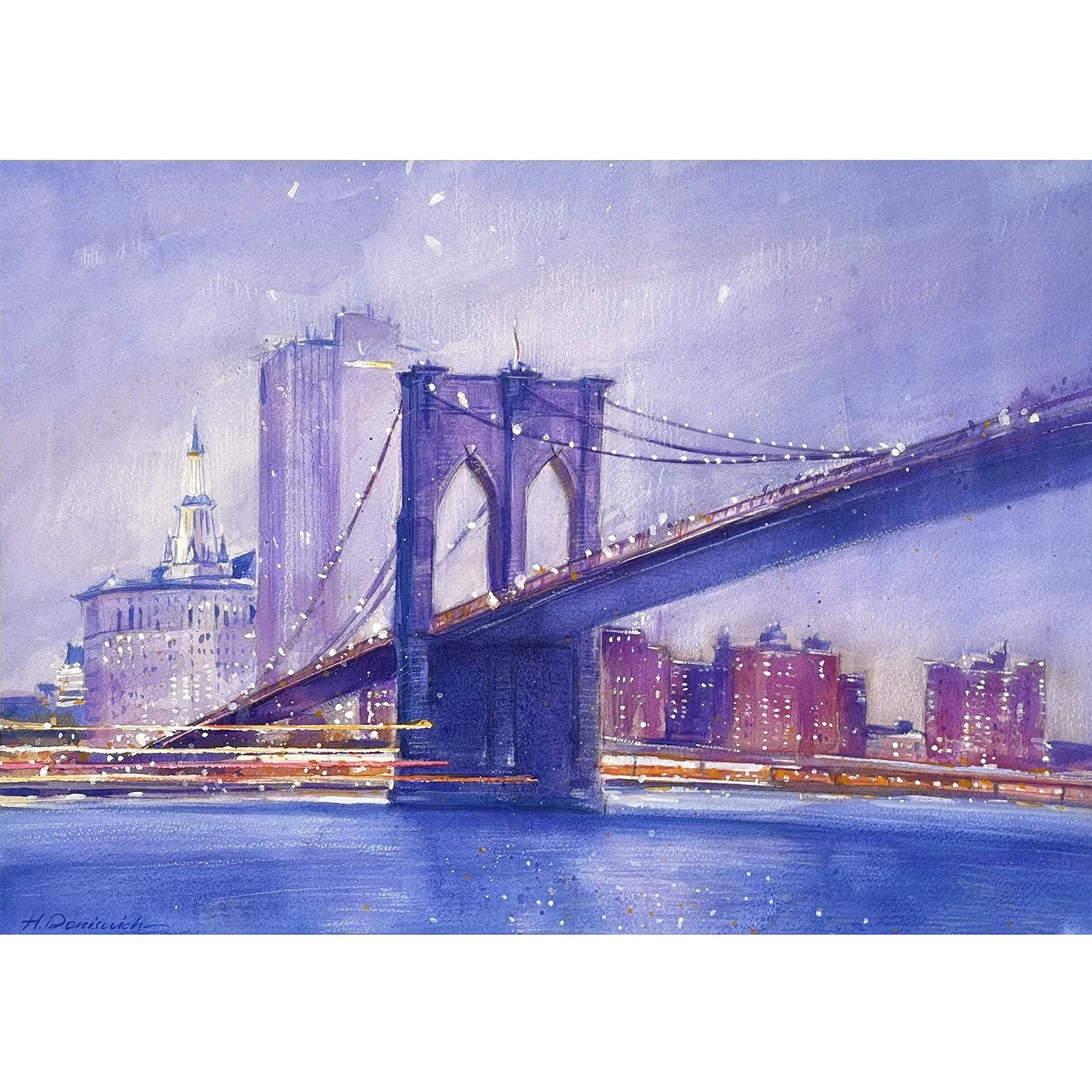 "Brooklyn Bridge and Low Manhattan at twilight" – Watercolor, 15x10 in (2024)