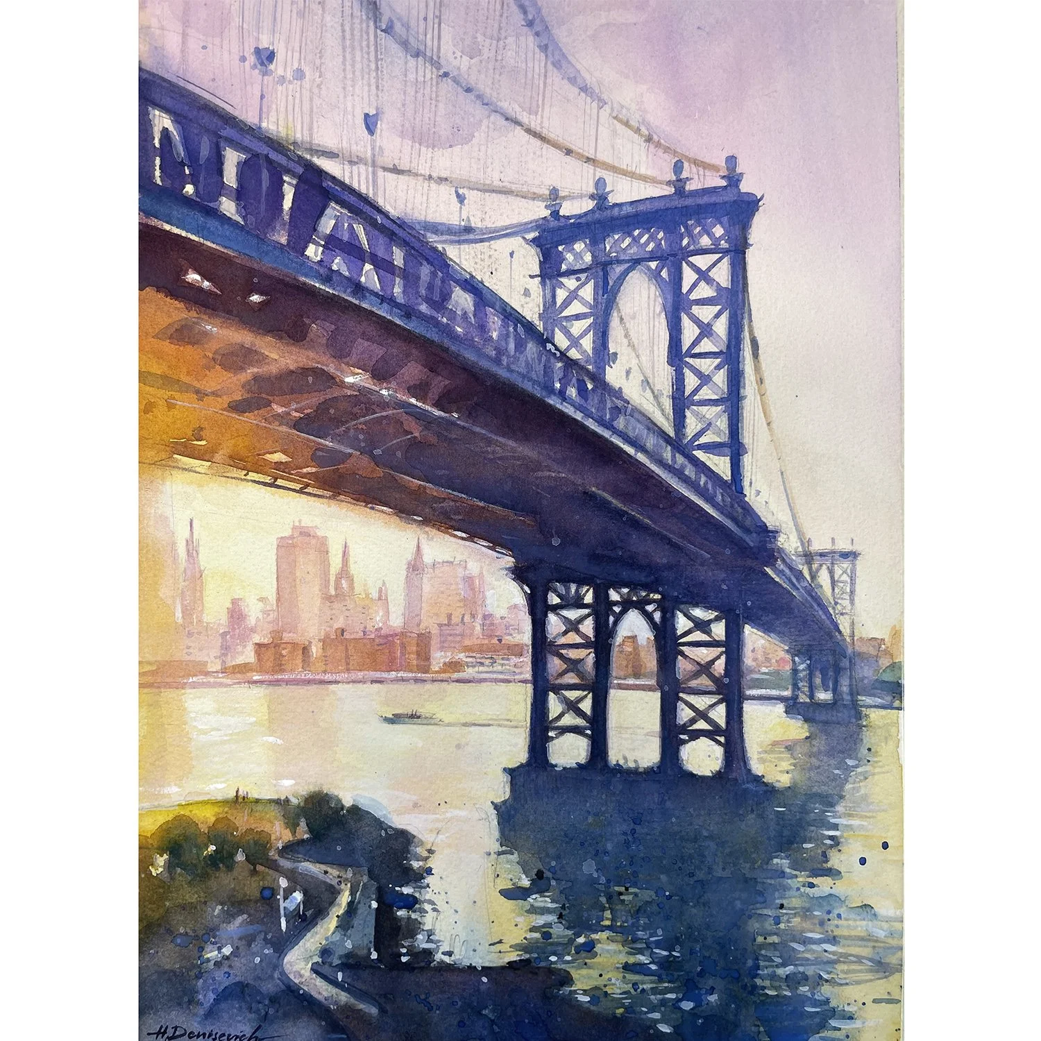 "Manhattan Bridge in the glow of a sunset" – Watercolor, 10x14 in (2024)