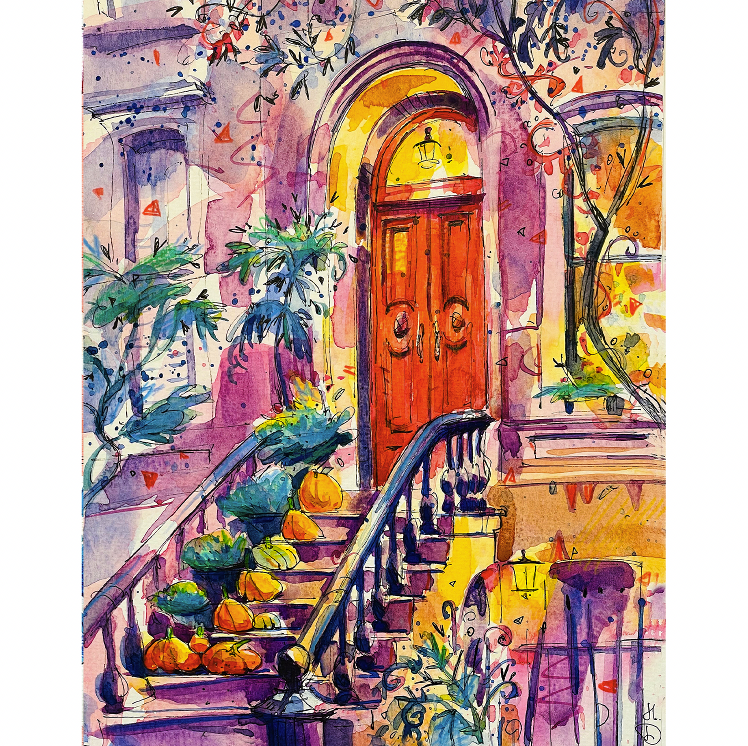 "Halloween Decorations on the Upper East Side" - Watercolor, 8x10 in (2022)
