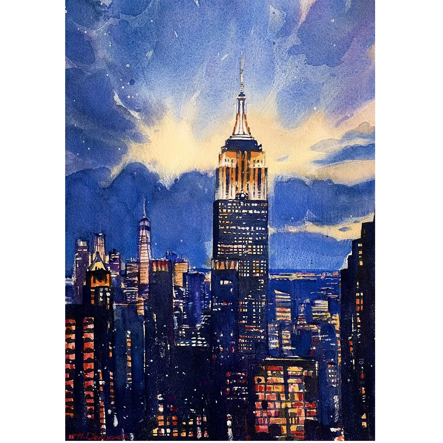 "Manhattan night sky & Empire State Building" – Watercolor, 8x12 in (2024)