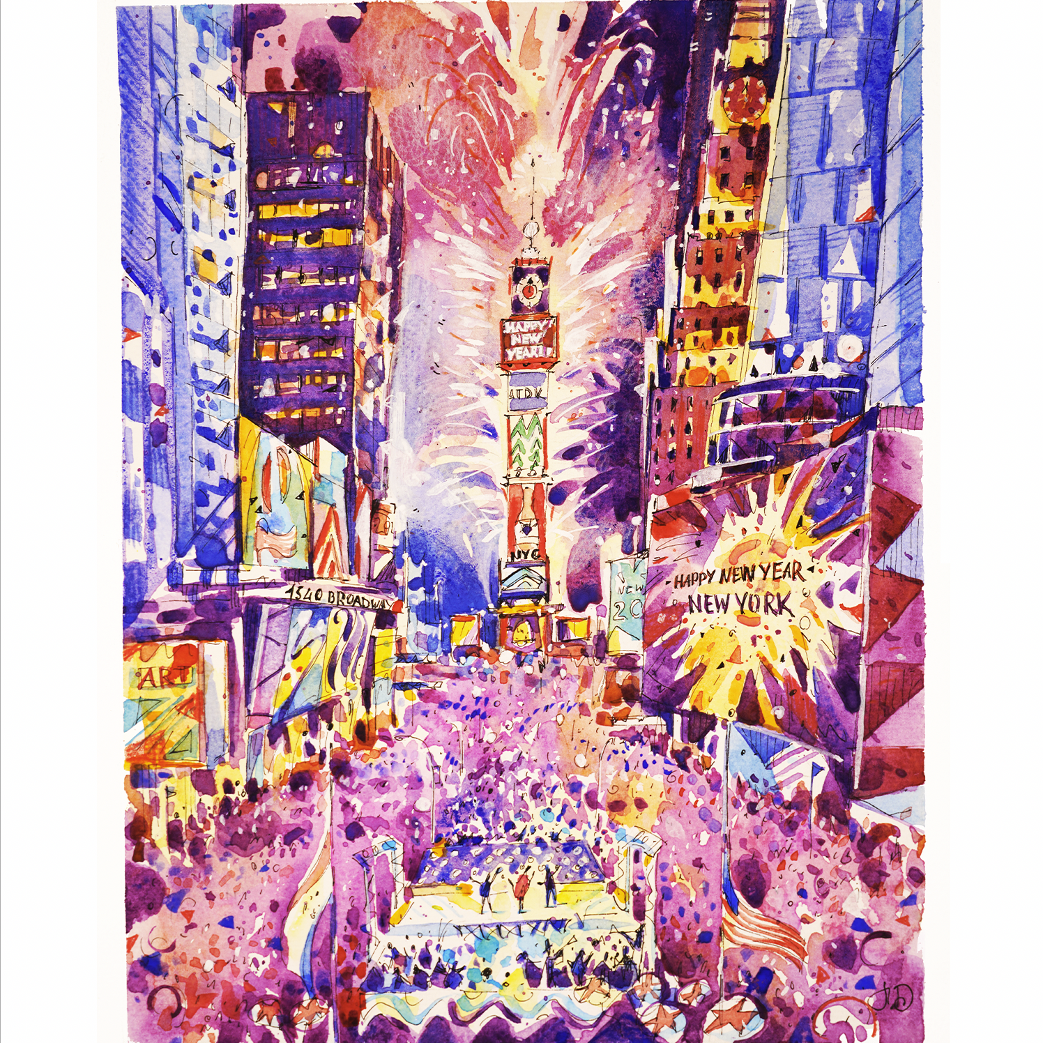 "Times Square at night" - Watercolor, 12x9 in (2022)