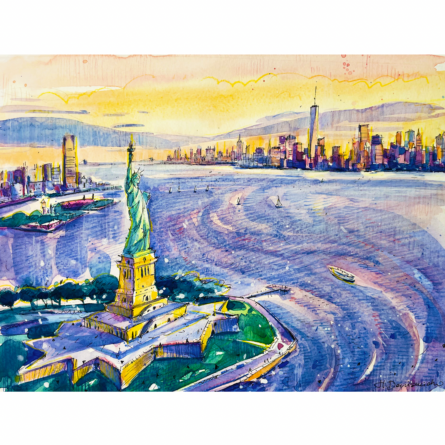 "The iconic Statue of Liberty in the heart of NYC" - Watercolor, 12x9 in (2023)