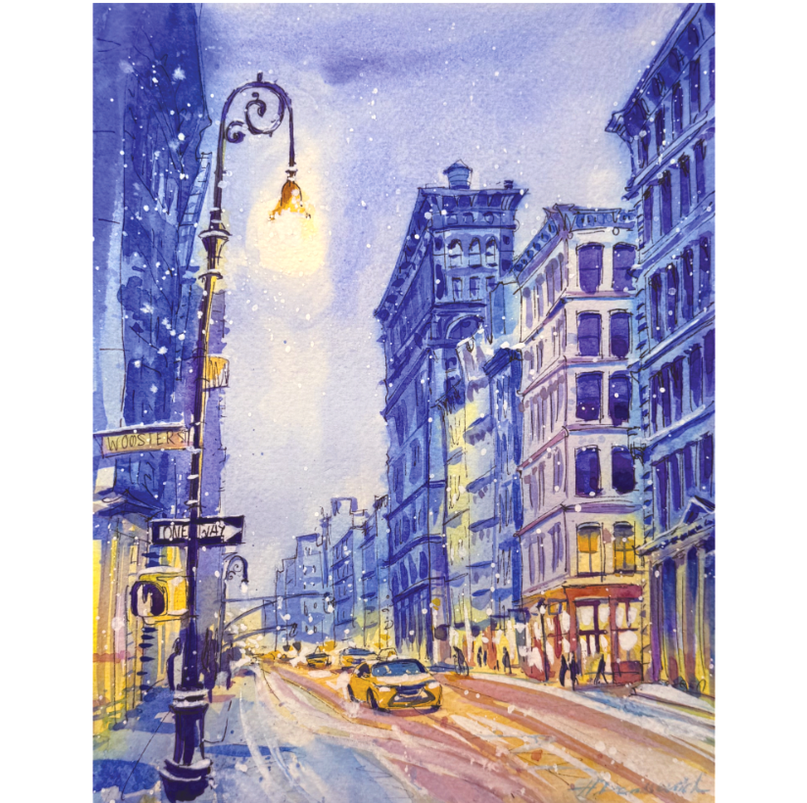 "Mid-January moment on Soho Broadway" – Watercolor, 8x10 in (2026)