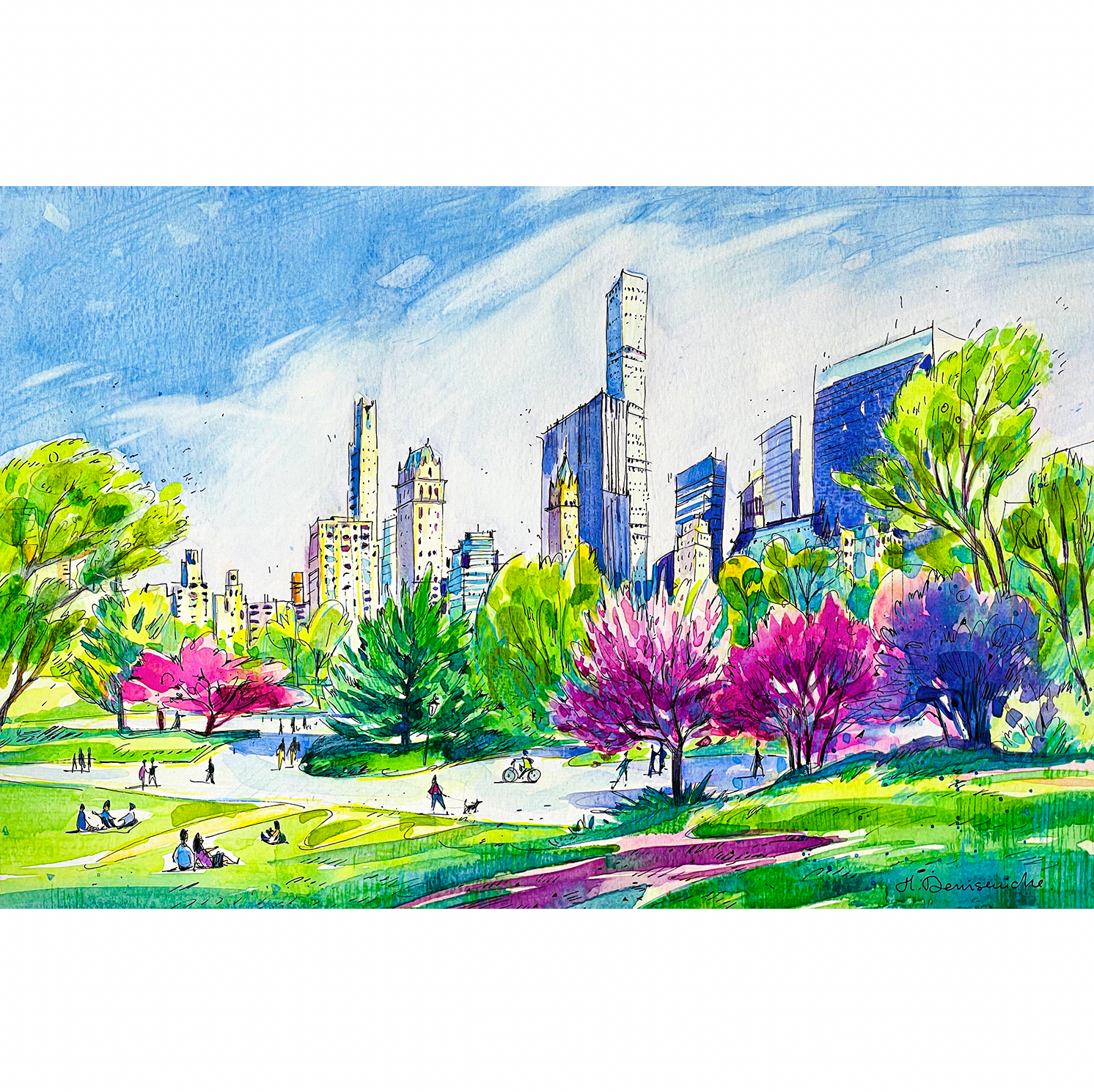 "Spring in Central Park - Lawn and City" - Watercolor, 15x10 in (2023)