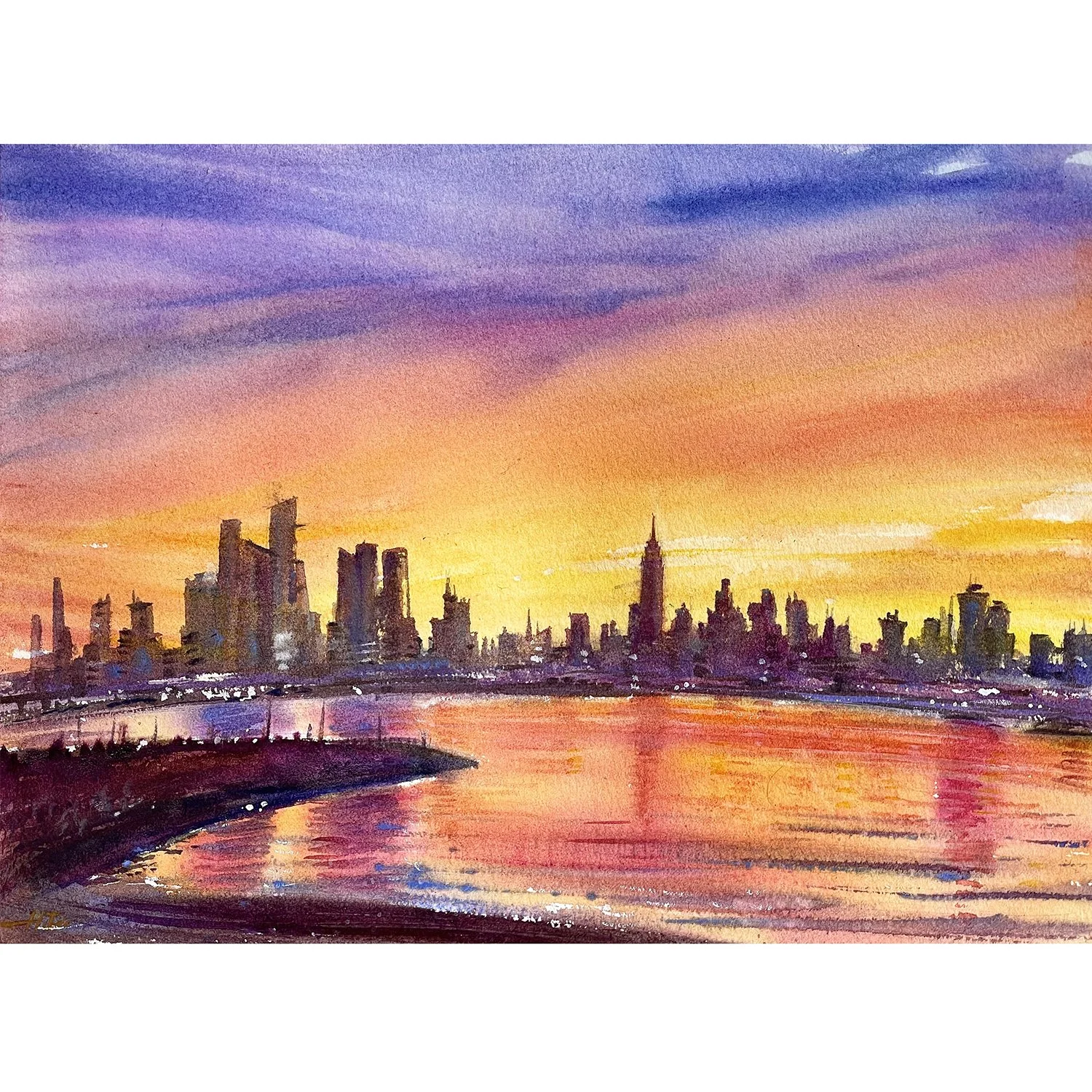 "Manhattan Sunset Glow" – Watercolor, 12x9 in (2024)