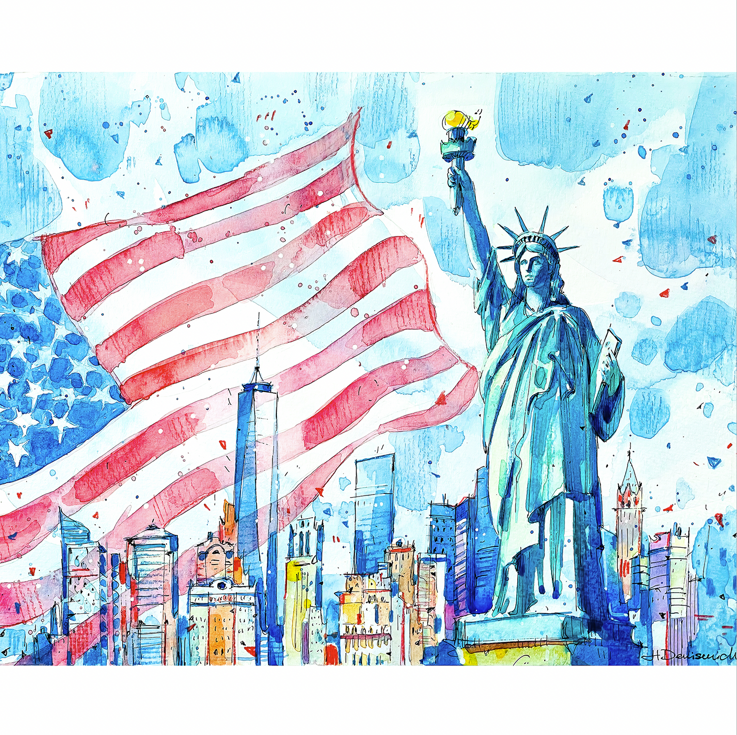 "American flag and the Statue of Liberty" - Watercolor, 12x9 in (2023)