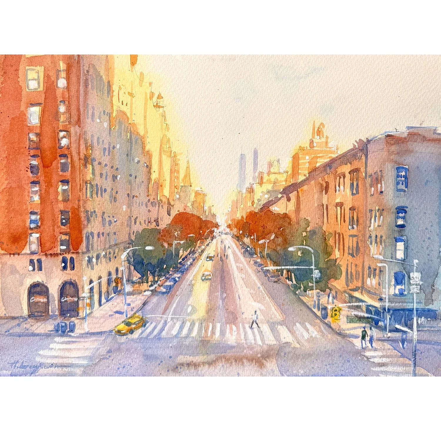 "Golden Sunset on the Streets of Chelsea, Manhattan" – Watercolor, 14×10 in (2025)