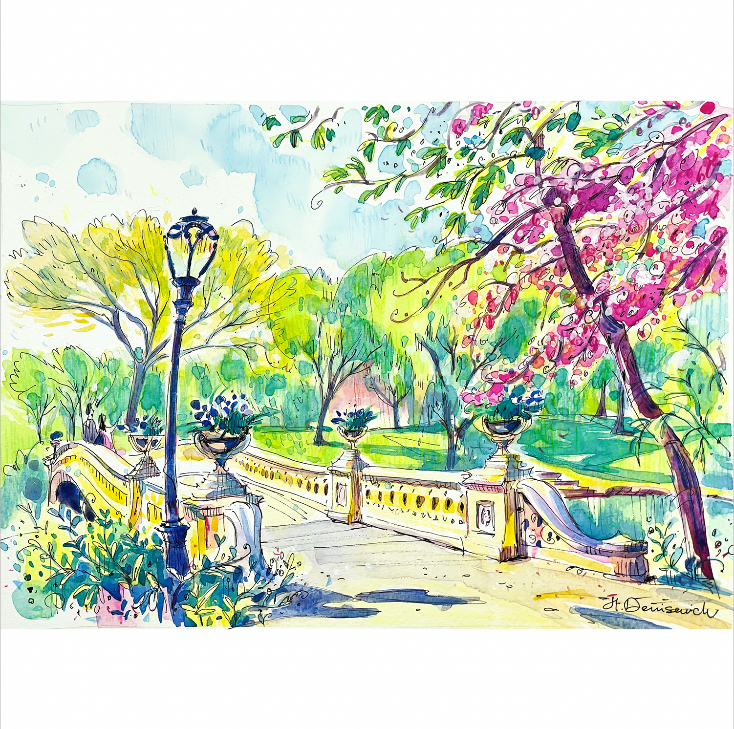 "Bow Bridge in Central Park at spring sunny day" - Watercolor, 12x9 in (2023)