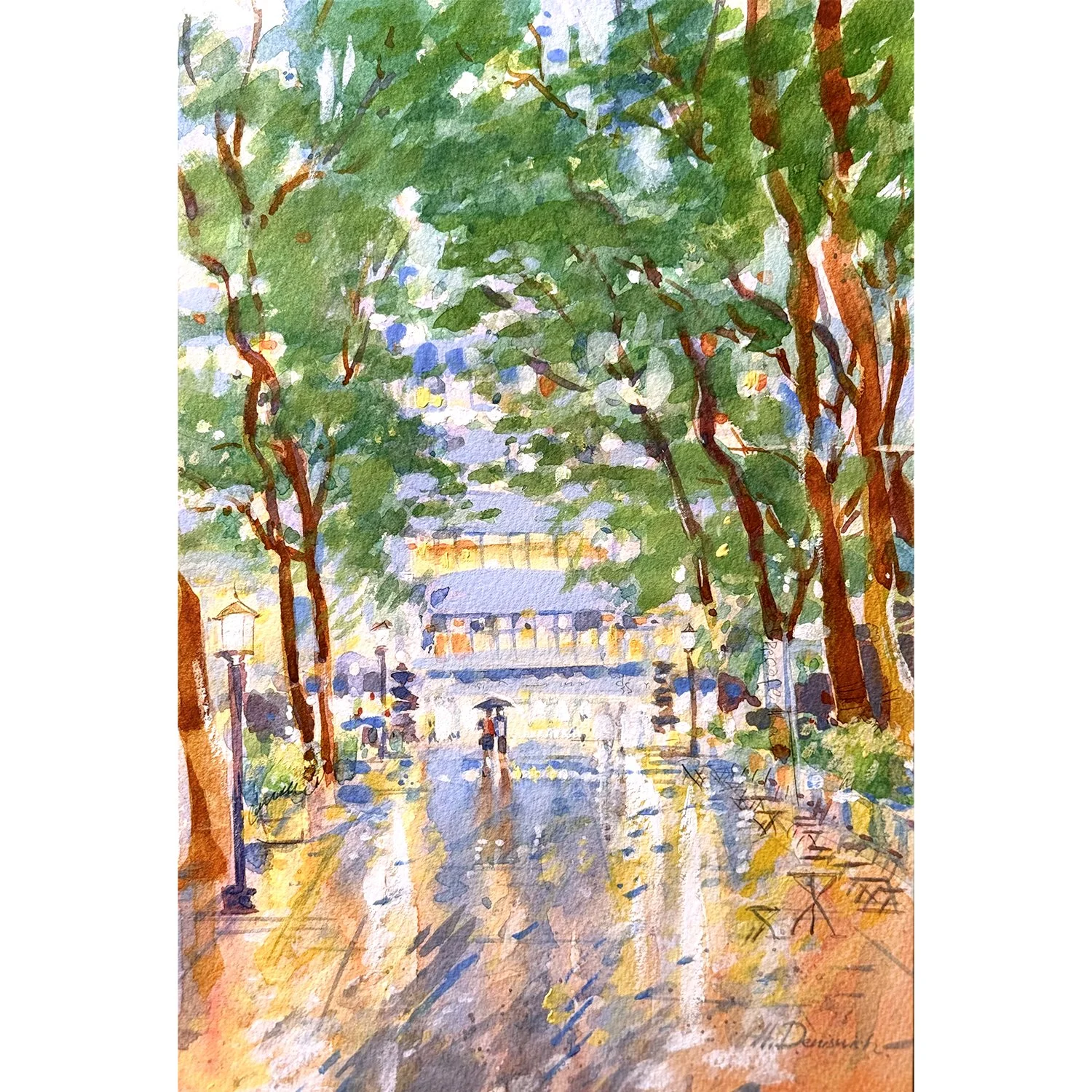 "Moment of Rain in Bryant Park" – Watercolor, 8x12 in (2025)