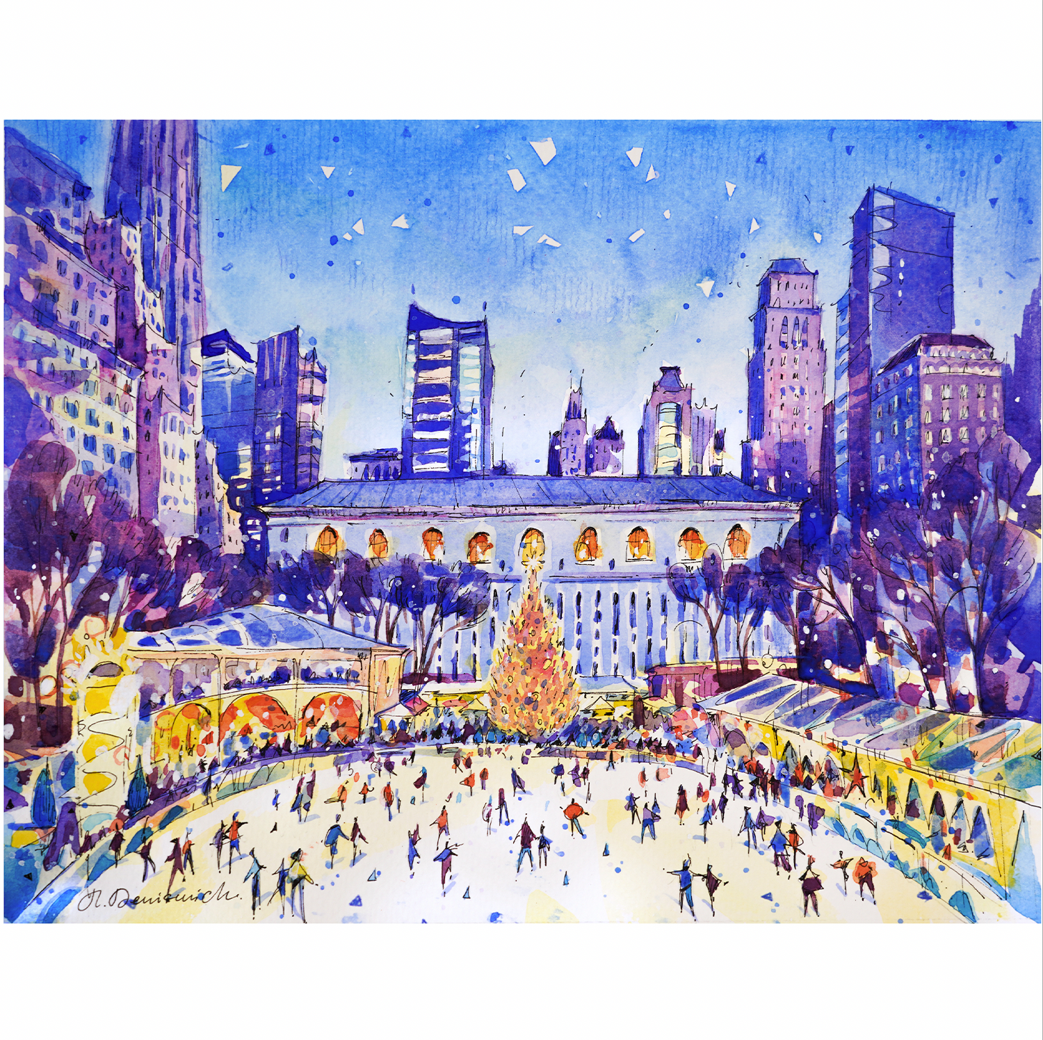 "Christmas at the Bryant Park" - Watercolor, 12x9 in (2023)