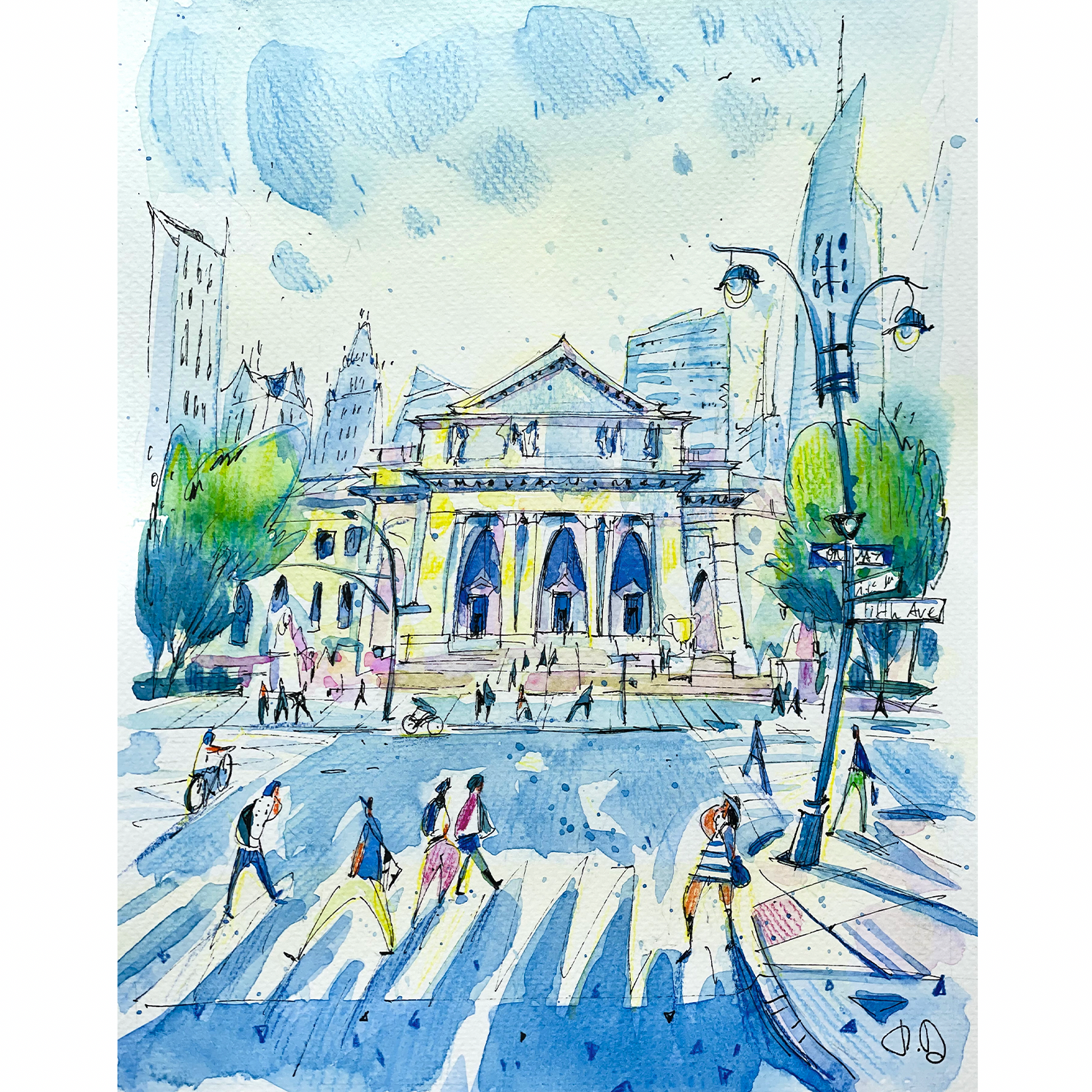 "5th Avenue and New York Public Library" - Watercolor, 9x12 in (2022)