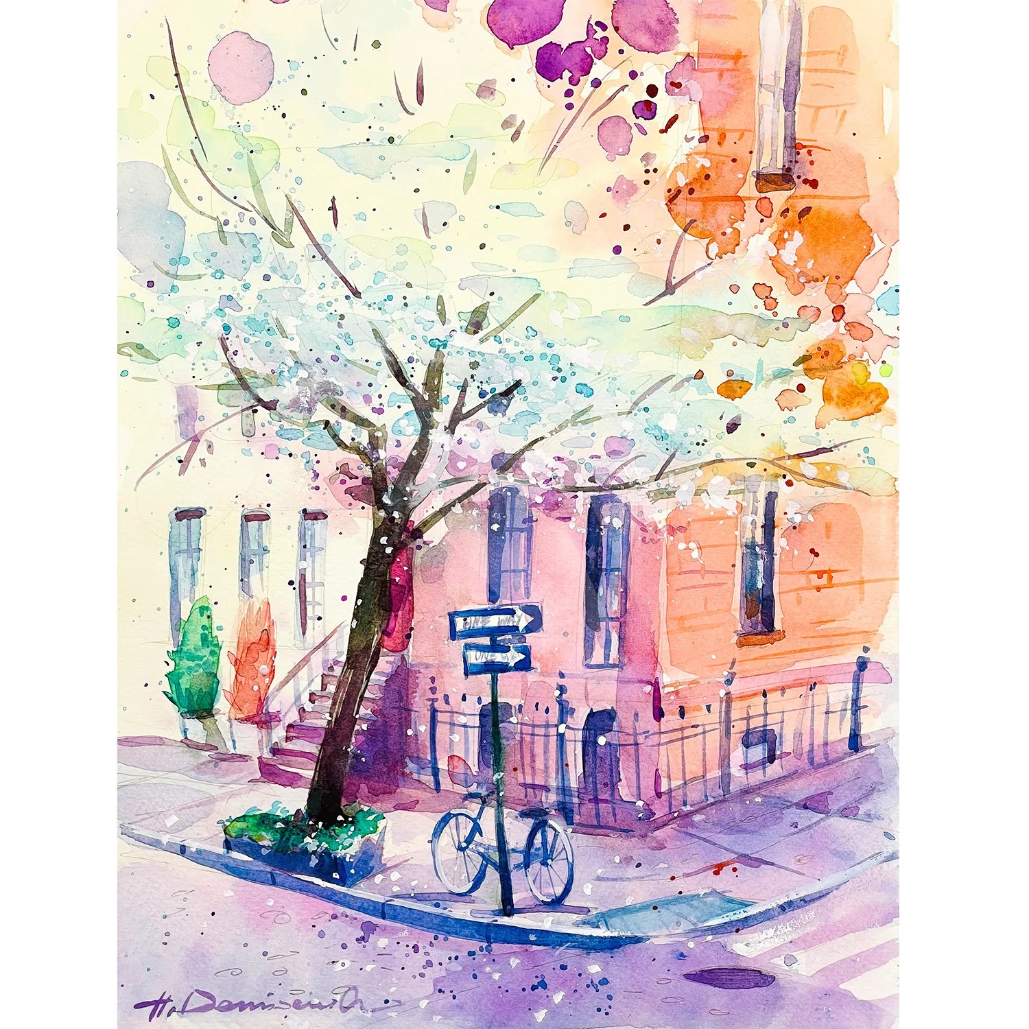 "Spring in West Village - Purple Version " – Watercolor, 9x10in (2024)