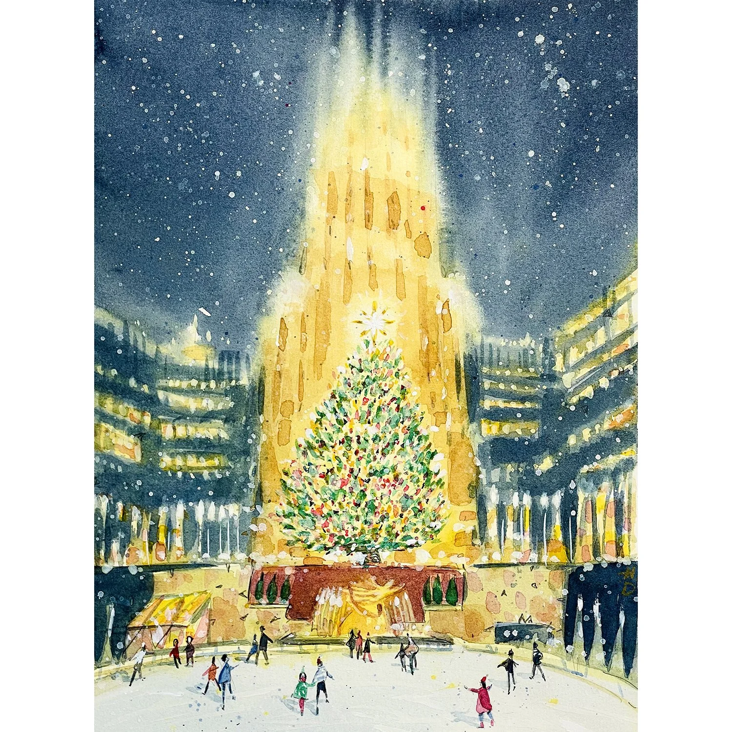 "Skating Under the Rockefeller Christmas Tree" – Watercolor, 8x10in (2024)