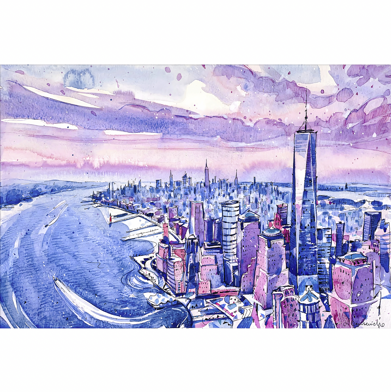 "One World Trade Center in Downtown Manhattan" - Watercolor, 15x10 in (2023)