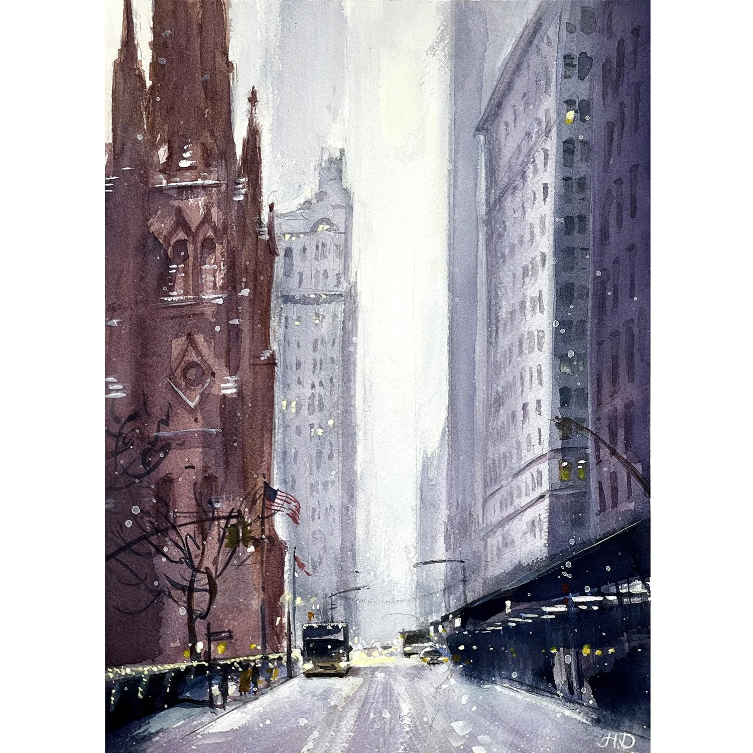 "Broadway in snow" – Watercolor, 8x12 in (2024)
