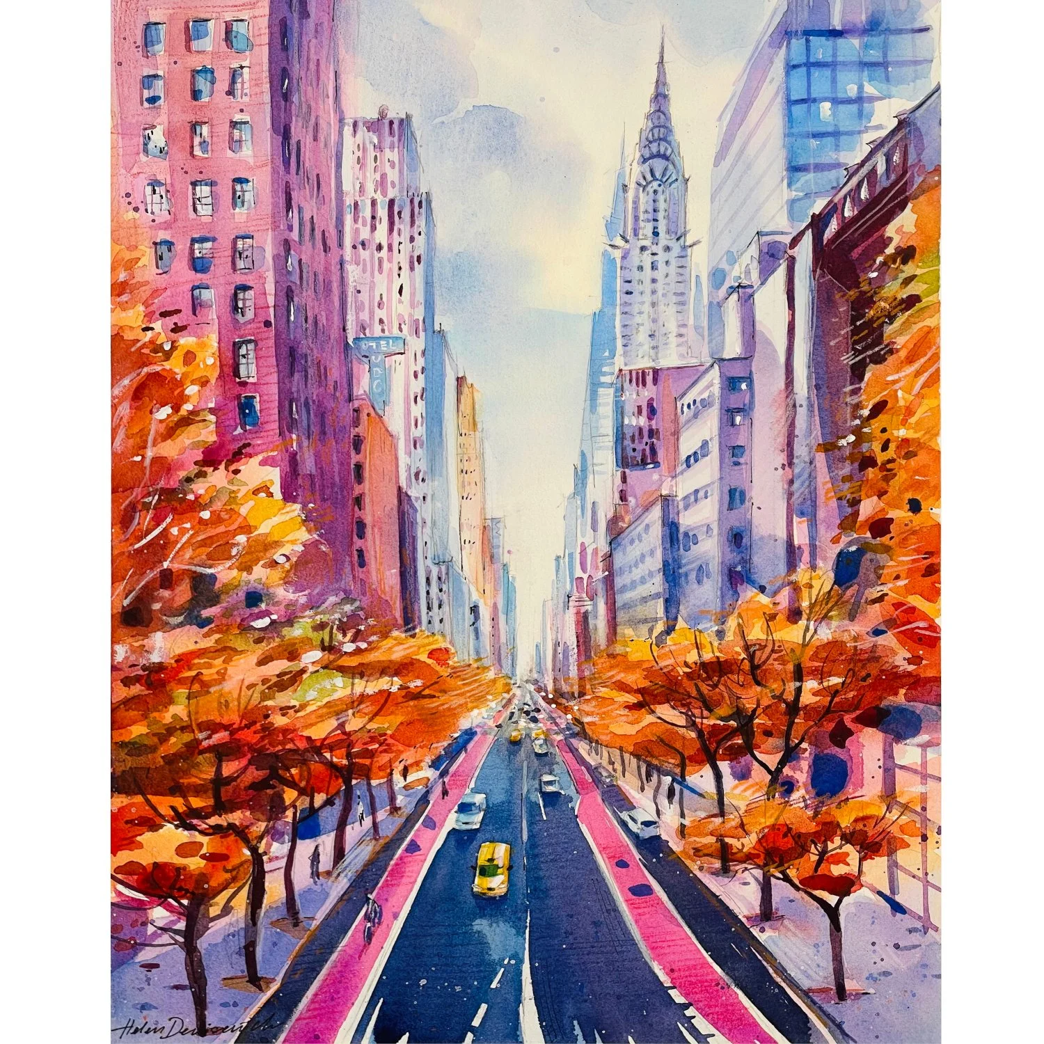 "Fall on 42nd Street Midtown Manhattan" – Watercolor, 10x14 in (2024)