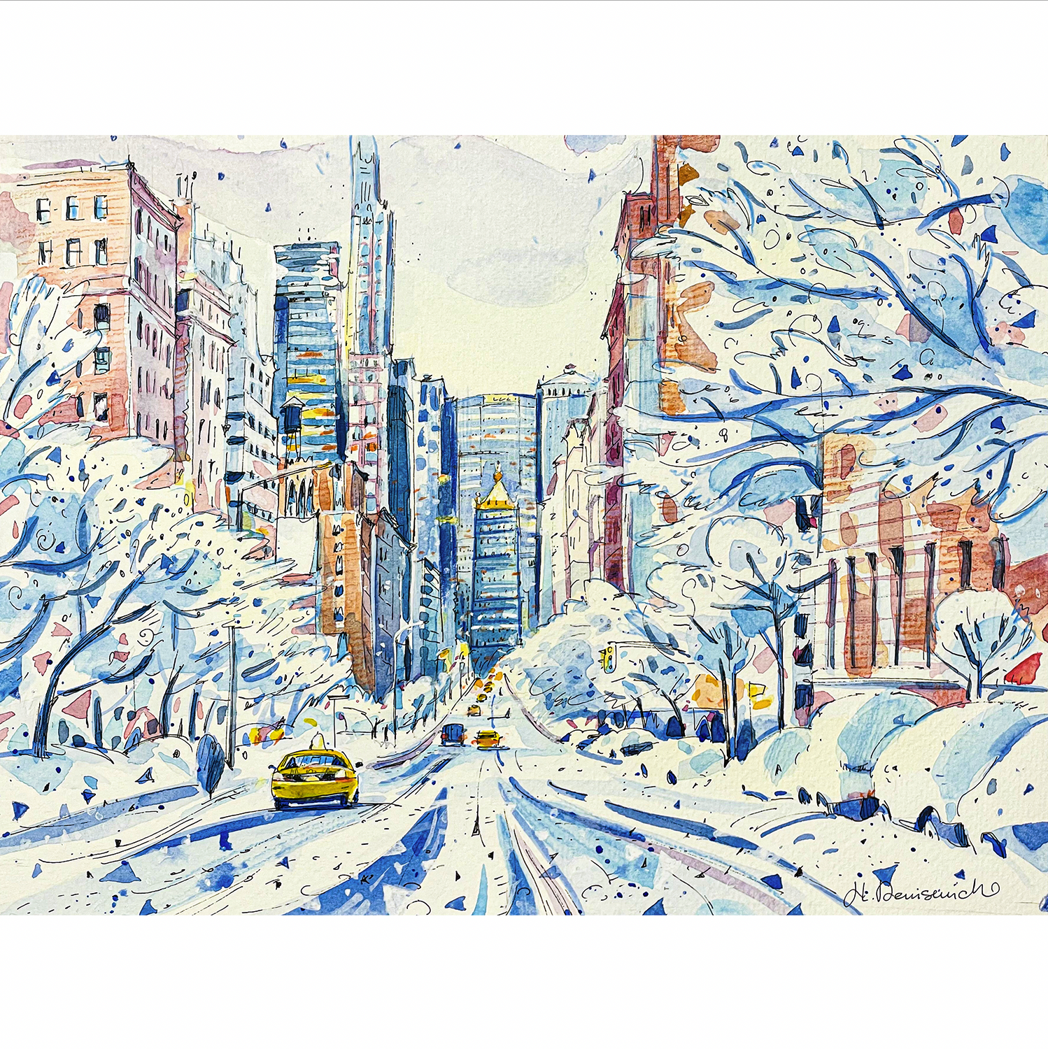 "Park Avenue in Winter" - Watercolor, 12x9 in (2023)