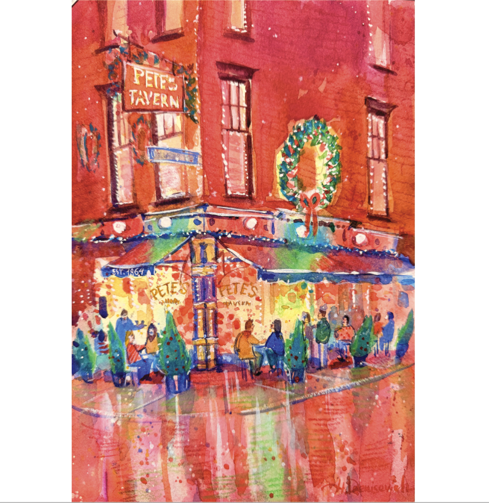 "Christmas Night at Pete’s Tavern" – Watercolor, 8×10 in (2025)