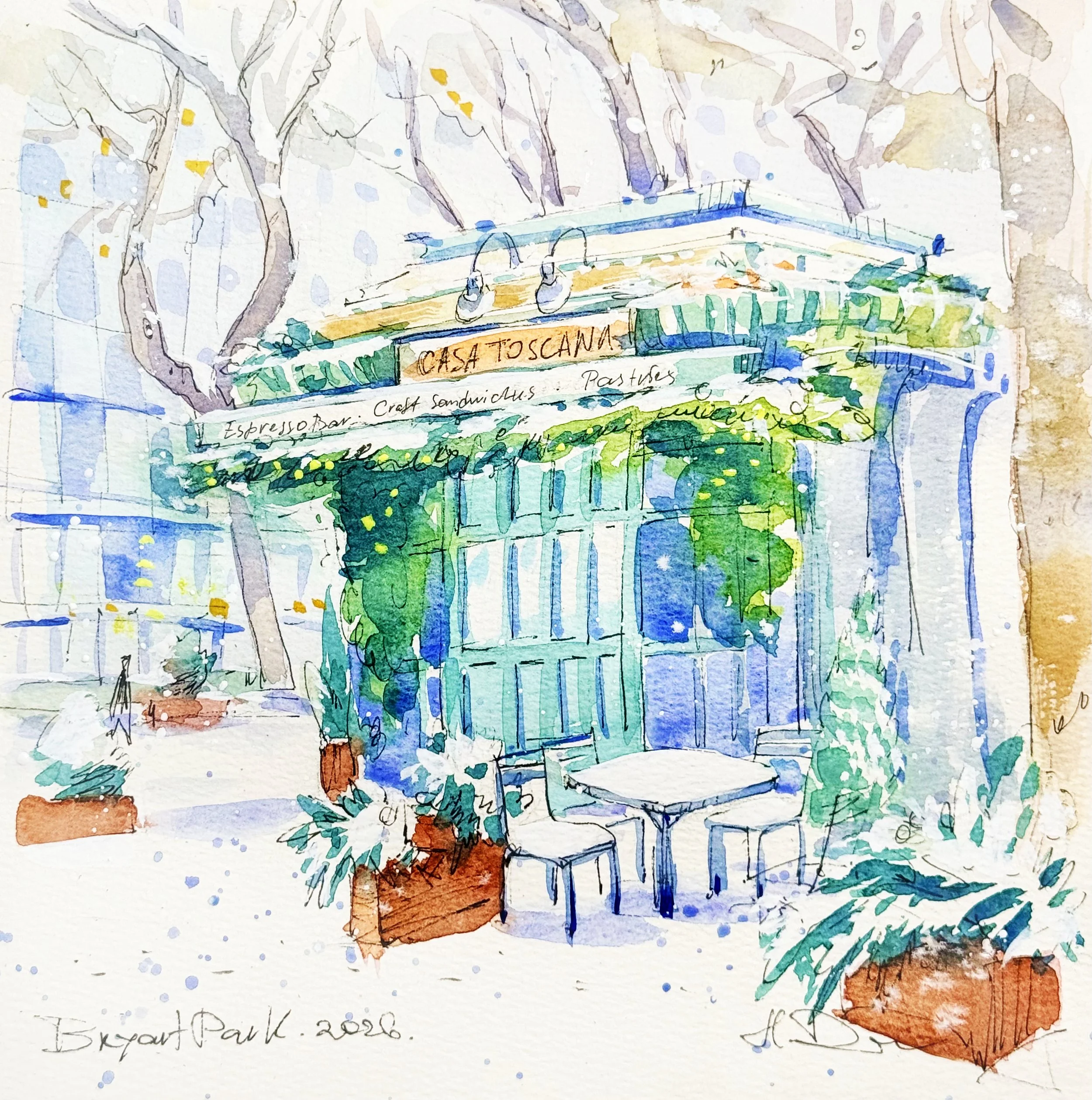 "Bryant Park wrapped in a snowy blanket" - Watercolor, 7.5x7.5in (2026)