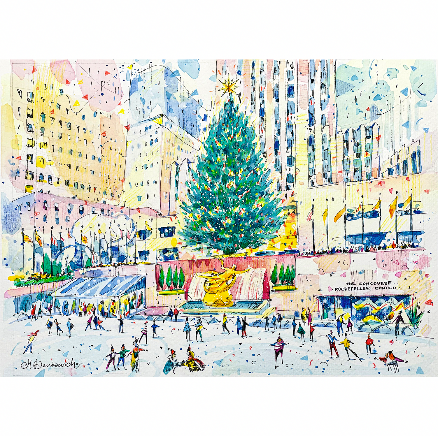 "Christmas at the Rockefeller Center Ice Rink" - Watercolor, 12x9 in (2022)